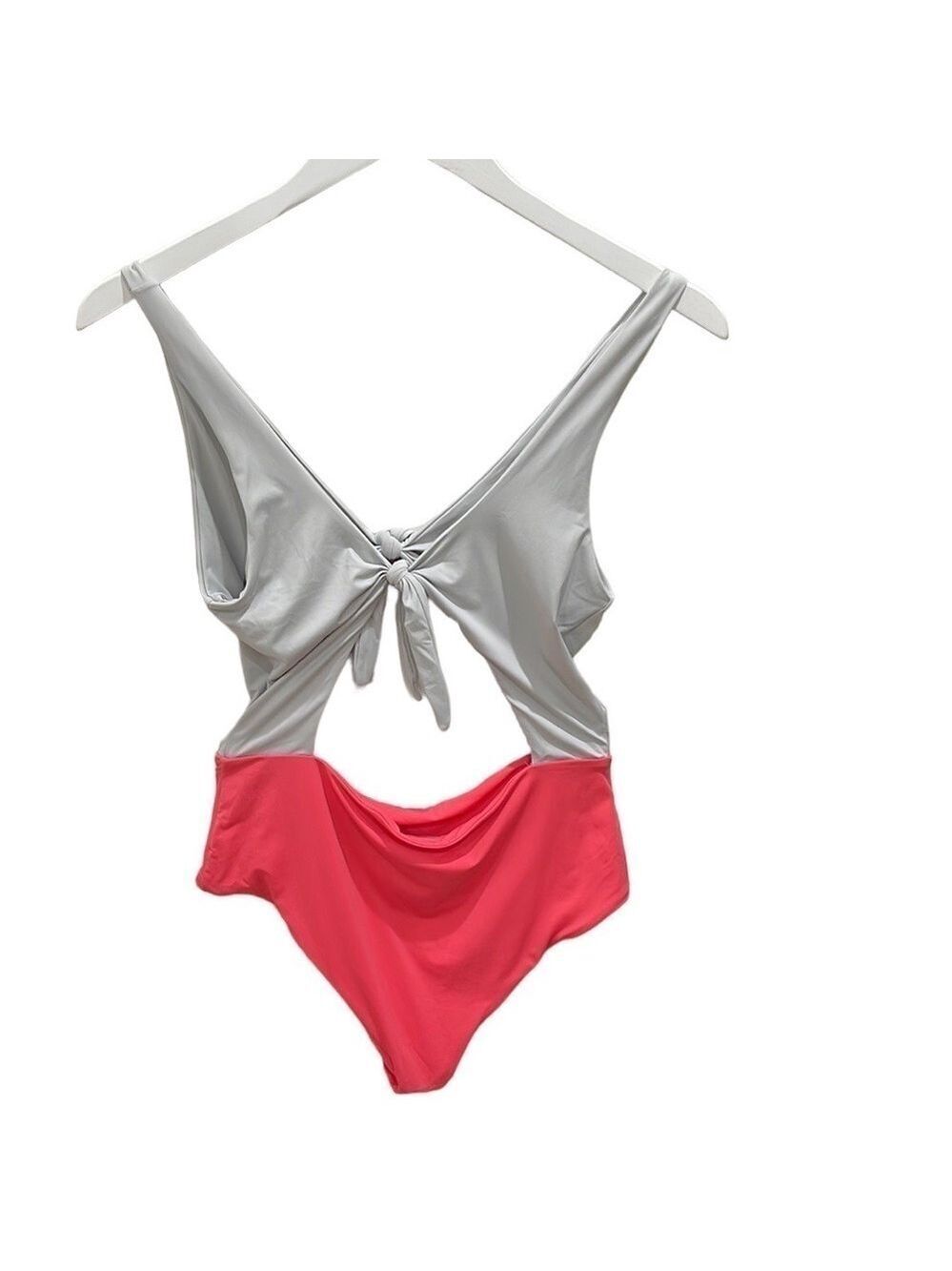 Sapia Simone Cut Out Adjustable Tie Color block 1 Piece Swimsuit SZ L Coral Grey